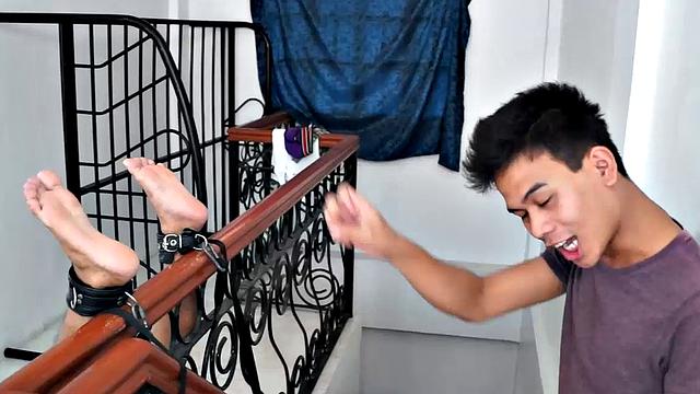 Lance returns in this tickling endurance combo. Lance's ankles are bound to the stair banister soles up. Our cutie pie boy tickler Warren tickles his feet. Lance's soles are incredibly smooth and soft like silk.