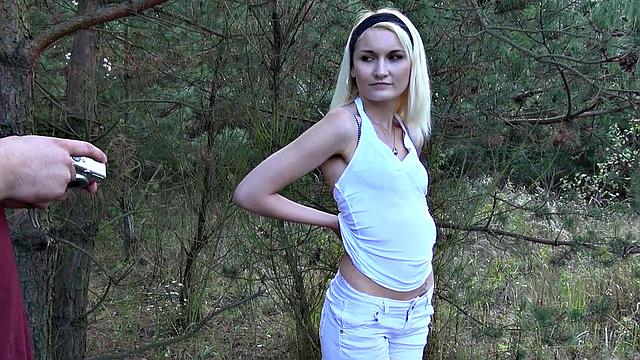 Petite Teen Blonde Hardcore sex in forest with Dad