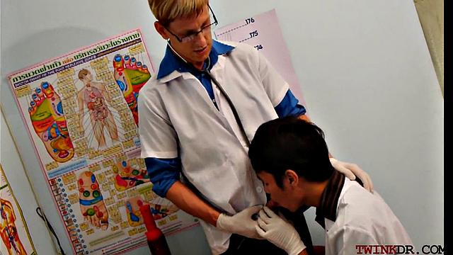 Skinny Asian patient gets double penetrated in uniformed threesome for a hot load