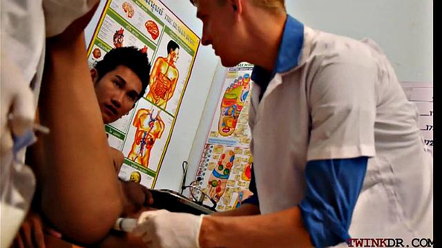 Skinny Asian patient gets double penetrated in uniformed threesome for a hot load