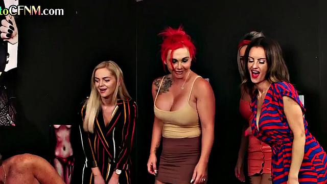 CFNM classy MILFS give group handjob to guy till cumshot