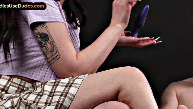 Cute ladyboss in lingerie pegging masked guy