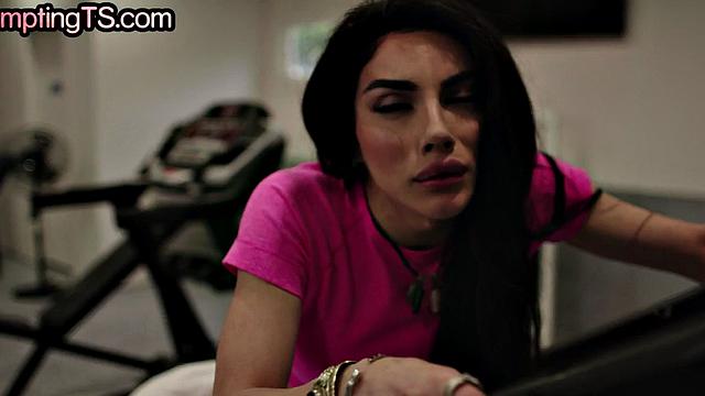 Busty TS from gym rides stud cock after sucking it