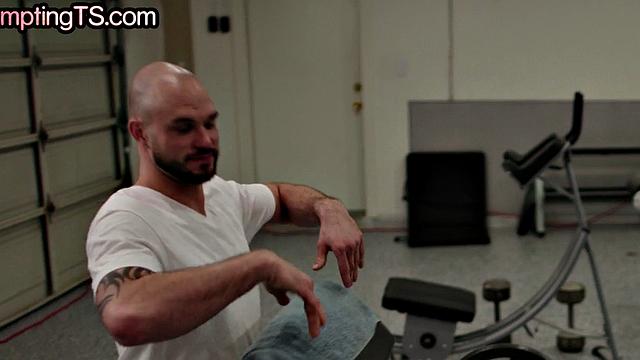 Busty TS from gym rides stud cock after sucking it