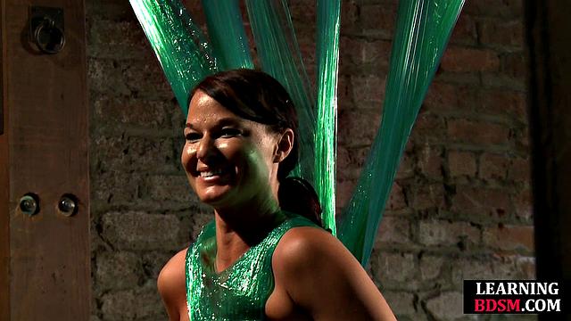 Tied-up BDSM slut fingered by master