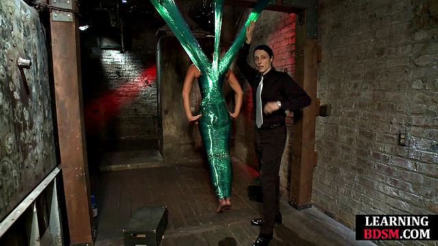 Tied-up BDSM slut fingered by master