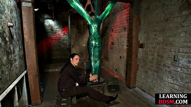 Tied-up BDSM slut fingered by master