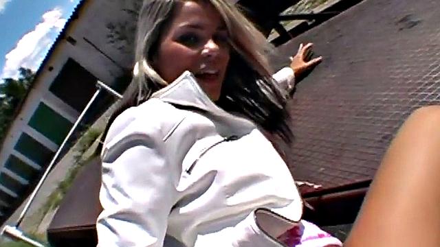 Sexy public bitch fucked in wet pussy by big white dick