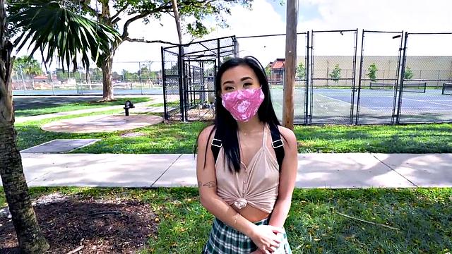 Skinny Asian teen with tattoos picked up for public sex in car for quick cash