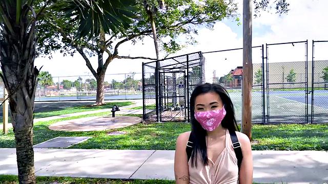 Skinny Asian teen with tattoos picked up for public sex in car for quick cash