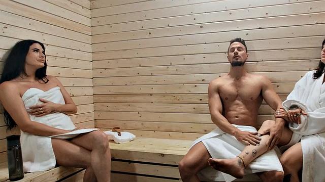 Small boobs Trans babe fucks a guy and gets fucked in the sauna