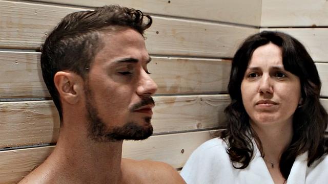 Small boobs Trans babe fucks a guy and gets fucked in the sauna