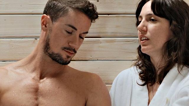 Small boobs Trans babe fucks a guy and gets fucked in the sauna