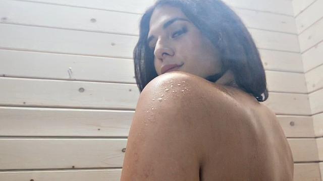 Small boobs Trans babe fucks a guy and gets fucked in the sauna