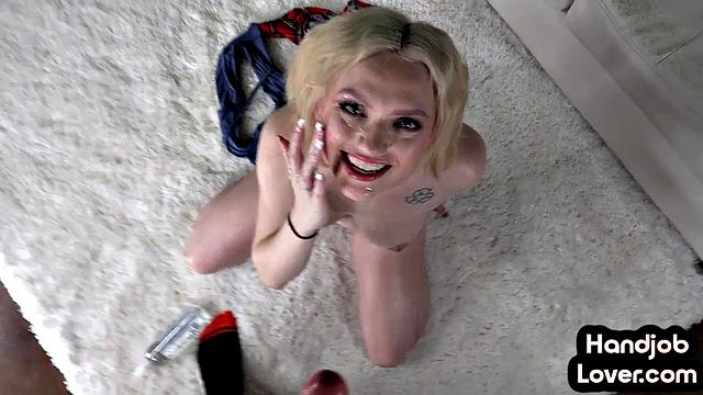 POV Big-titted blondie jerking off man