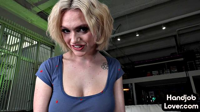 POV Big-titted blondie jerking off man