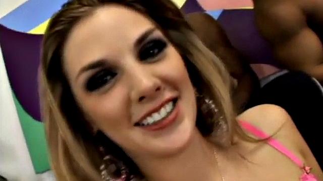 Trashy blonde gets spit roasted hard in her pussy