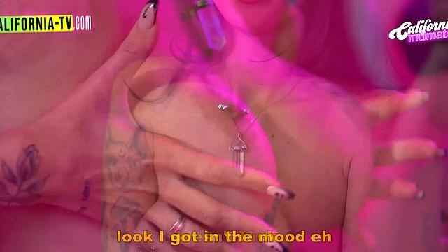 Lesbian show between two hot girls, each with a dildo in pussy.