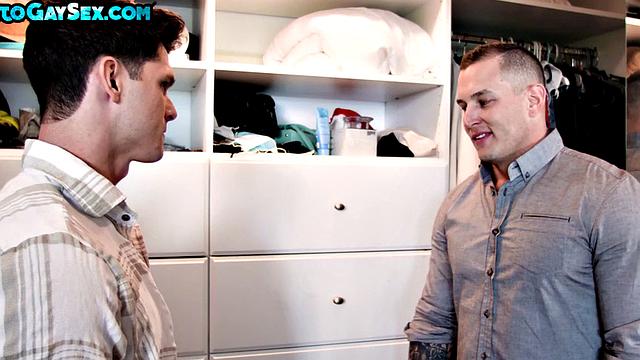 Tattooed twink barebacks BF in bedroom after oral