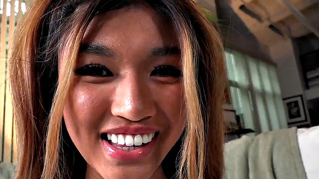 21yo amateur petite Asian wanks oiled cock in POV