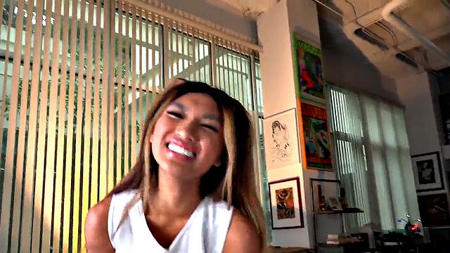 21yo amateur petite Asian wanks oiled cock in POV