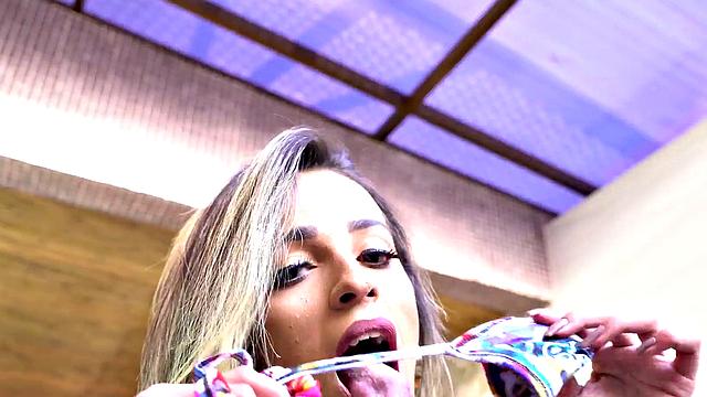 Watch this hot thong-wearing babe twerk and suck before getting drilled hard in the bedroom