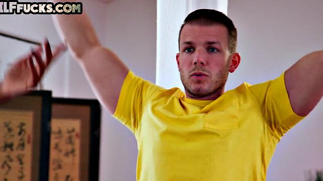 Big-titted yoga GILF and stunning ebony babe pounded in threesome