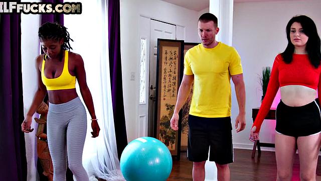 Big-titted yoga GILF and stunning ebony babe pounded in threesome