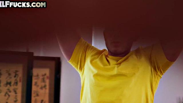 Big-titted yoga GILF and stunning ebony babe pounded in threesome