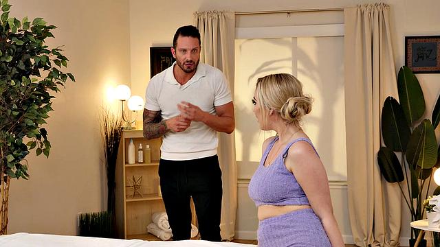 Blake Blossom shows big tits to massage therapist and fucks