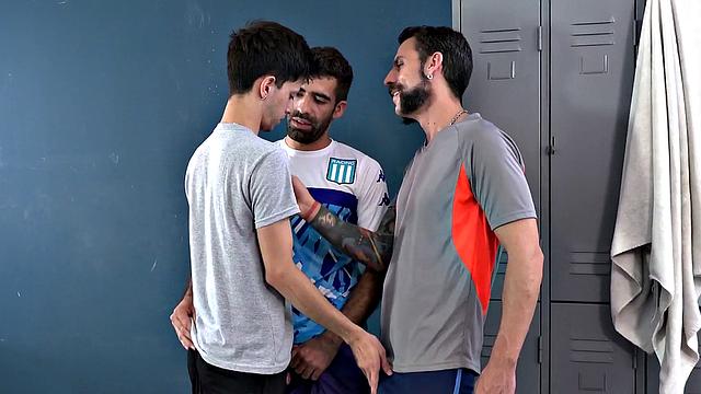 Barebacking DILFS fuck in public locker room 3some