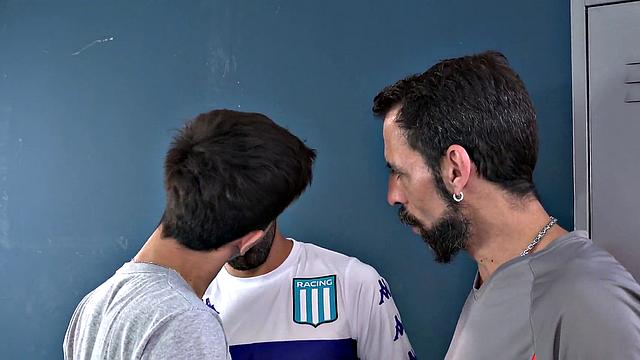 Barebacking DILFS fuck in public locker room 3some