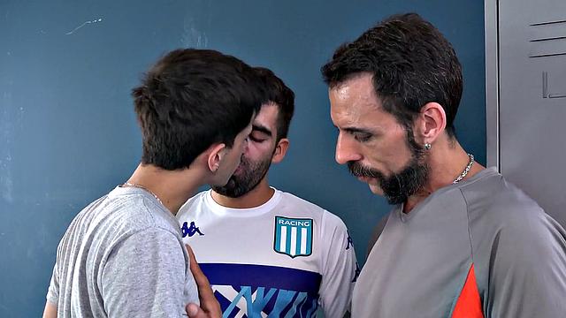 Barebacking DILFS fuck in public locker room 3some