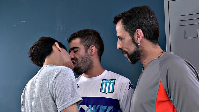 Barebacking DILFS fuck in public locker room 3some