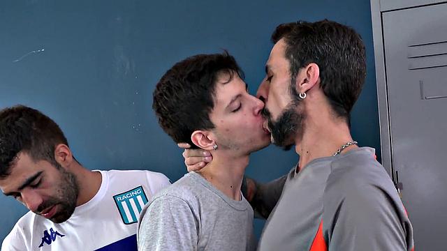 Barebacking DILFS fuck in public locker room 3some