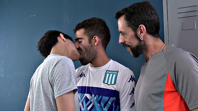 Barebacking DILFS fuck in public locker room 3some