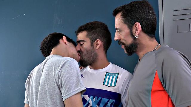 Barebacking DILFS fuck in public locker room 3some