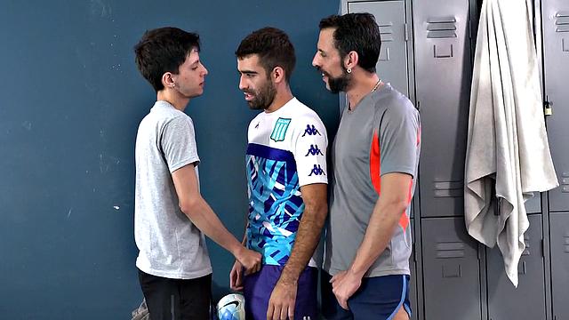 Barebacking DILFS fuck in public locker room 3some