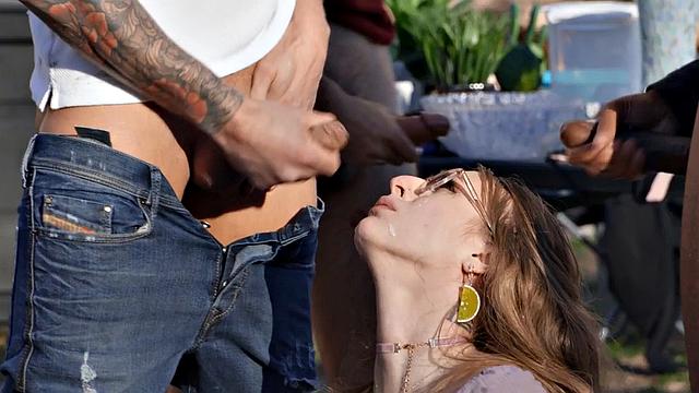 Nympho bukkake slut got gangbanged outdoor after BJ