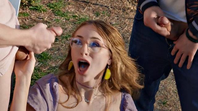 Nympho bukkake slut got gangbanged outdoor after BJ