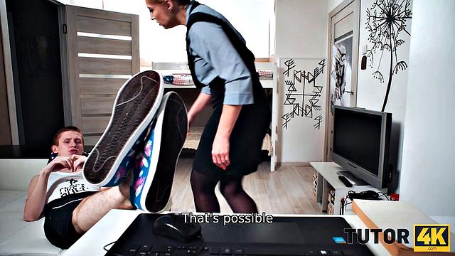 TUTOR4K. Boy pranks English tutor and tastes her mature pussy