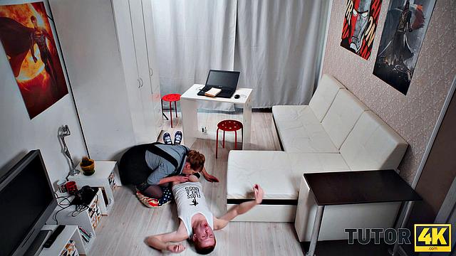 TUTOR4K. Boy pranks English tutor and tastes her mature pussy