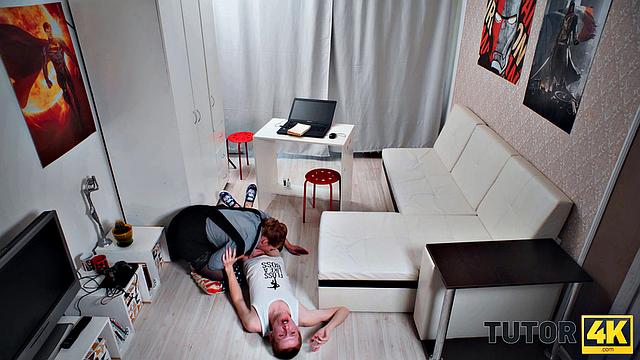 TUTOR4K. Boy pranks English tutor and tastes her mature pussy