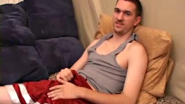 Cute little Casper releases his huge cock from his shorts, lubes it up and starts jacking. After delivering a great stroke show, and taking himself to the edge several times, he's ready to shoot.