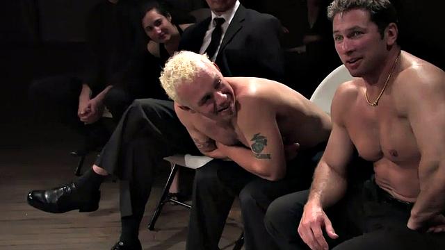 Blindfolded babe DP-gangbanged in public while masked voyeurs watch and wait for more