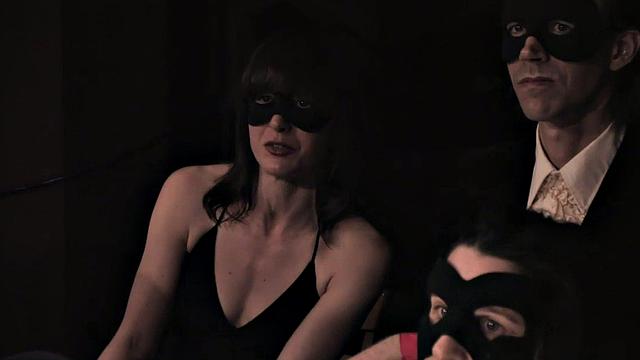 Blindfolded babe DP-gangbanged in public while masked voyeurs watch and wait for more