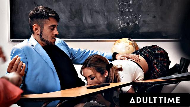 ADULT TIME - Bored Petite Aiden Ashley Sucks Classmate Under Desk, Gets Fucked After Class