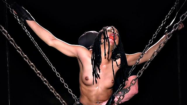 Suspensionbondage Ebony as toyed by master till climax limit