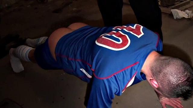 Sportive stud dominated by jock in basement after pushups