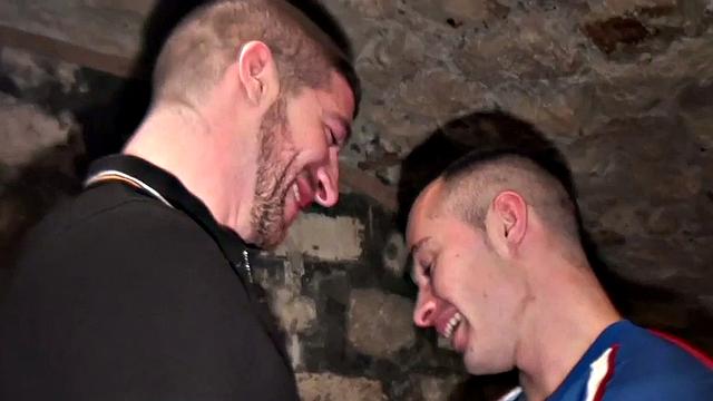 Sportive stud dominated by jock in basement after pushups